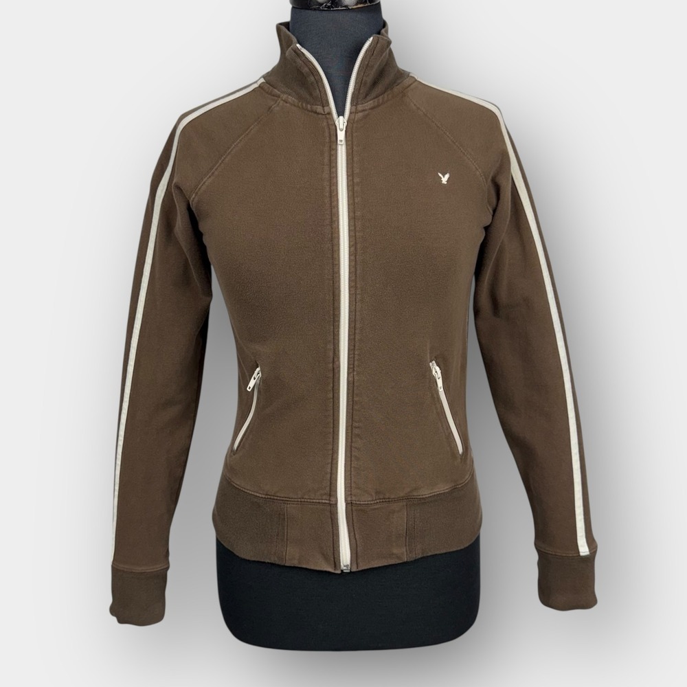 American Eagle Vintage Track Jacket S‎ Brown Striped Fitted Zip Sweatshirt Y2K